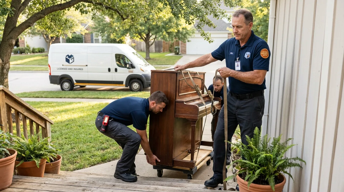 Licensed piano movers securing grand piano in Weston, WV