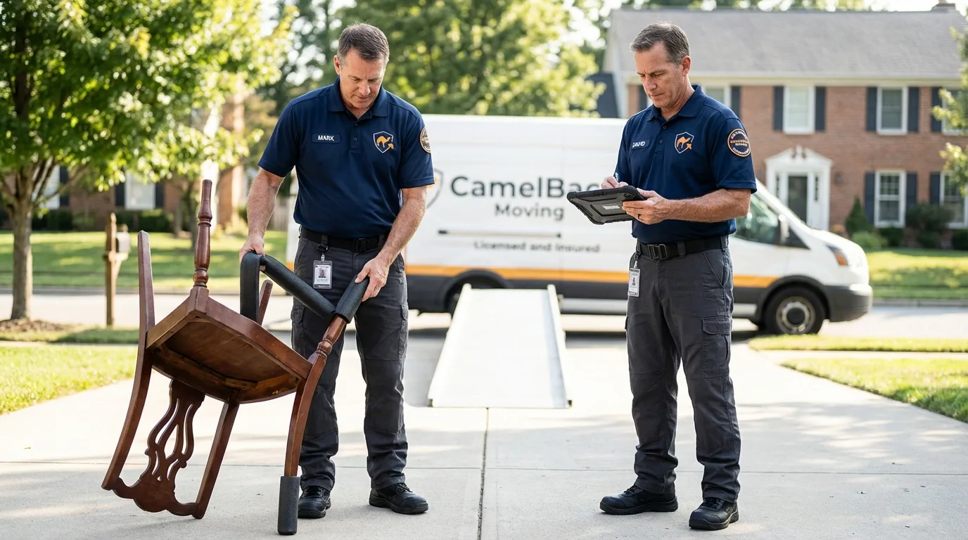 Movers inspecting furniture for damage prevention before loading in Weston, WV