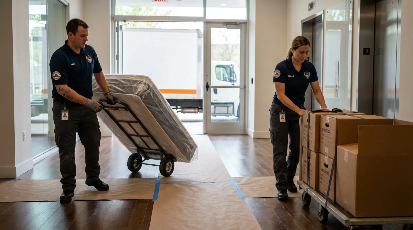 Professional apartment movers loading elevator in Weston, WV